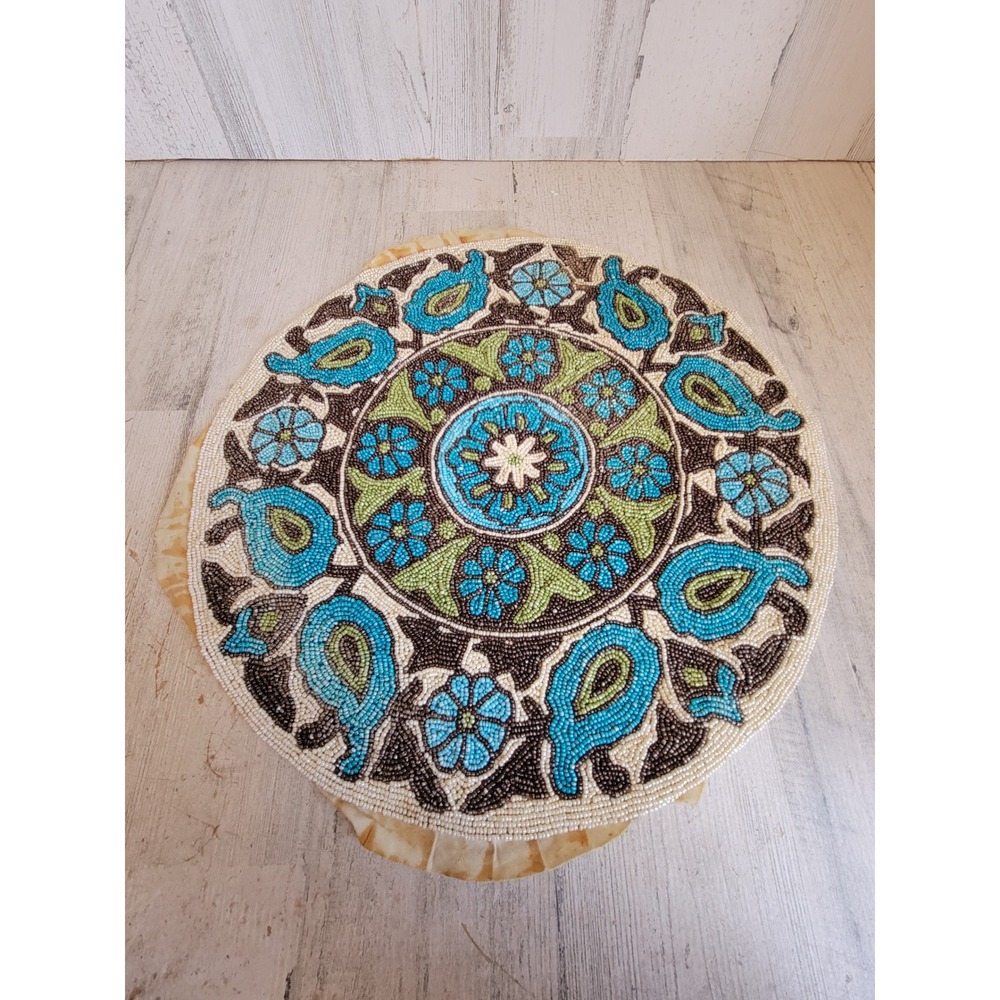 Vintage circle beaded green blue placemat unique floral home decor